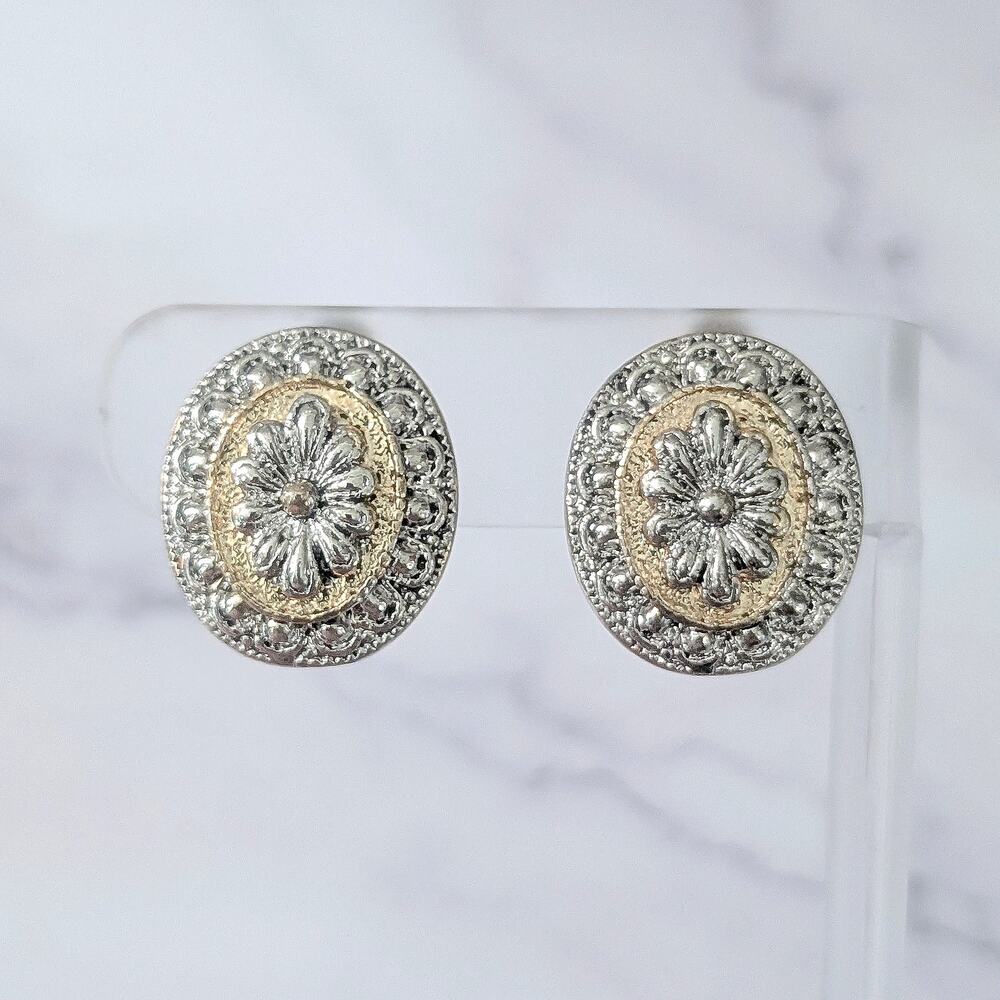 Vintage Clip On Earrings Statement Ornate Gold Tone & Silver Tone Oval